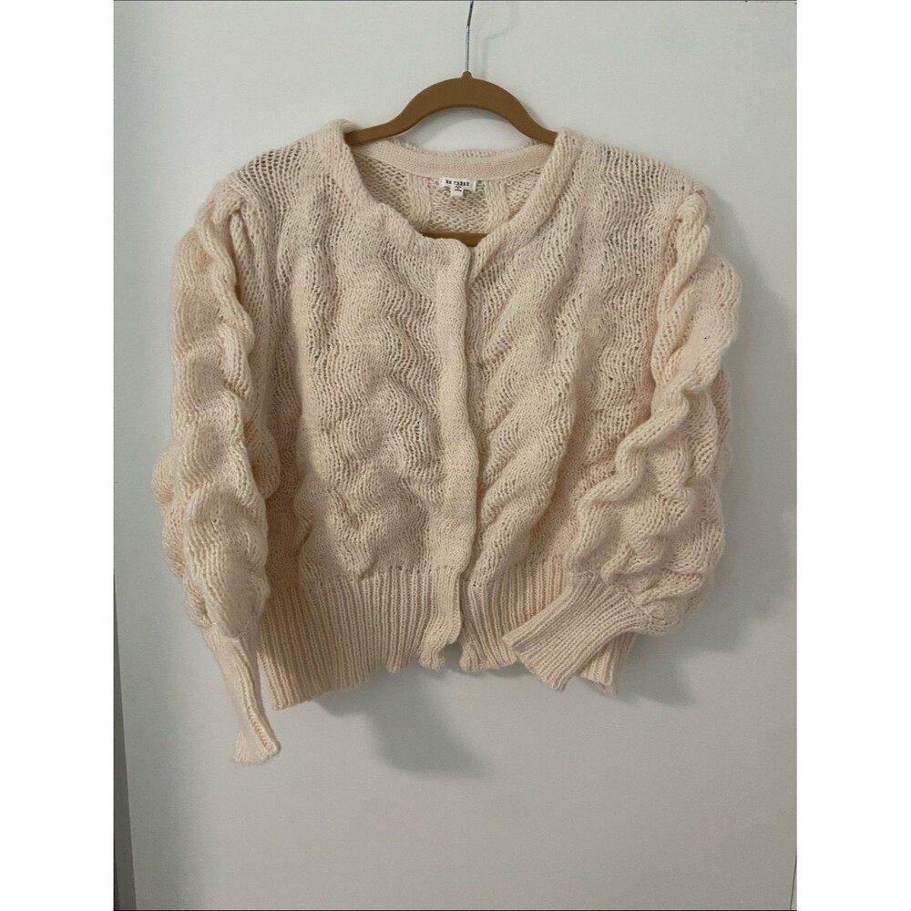 En Creme Bubble Knit Soft Cable Knit Puff Sleeve Cardigan - Cream
